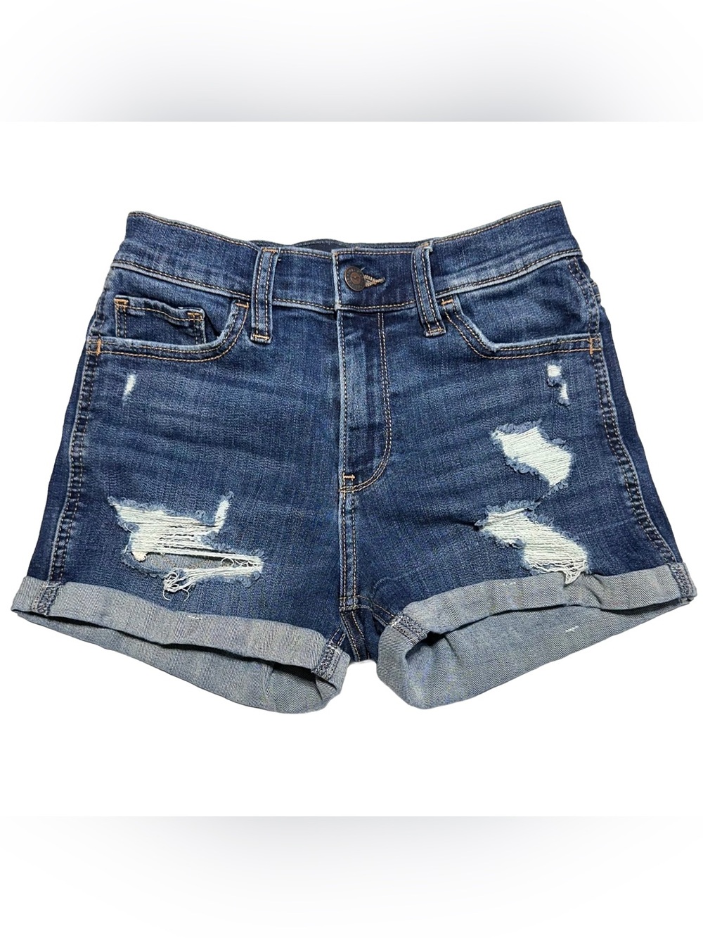 Hollister High Rise Distressed Denim Jean Shorts W26 Cuffed Stretch Blue